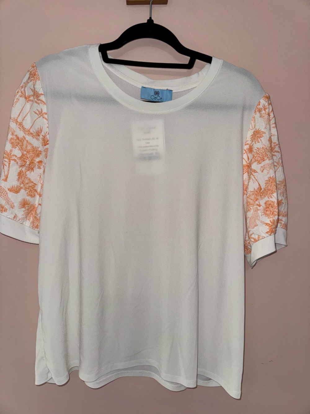 CeCe White Tee with Orange Tropic Short Sleeves size XL